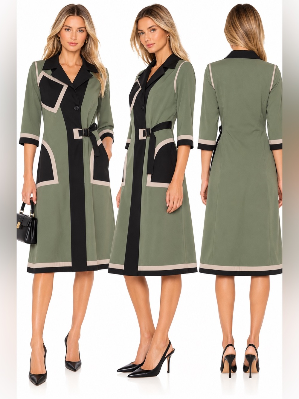 Margot & Clémence Colorblock Mod Midi Trench Coat Dress Sage Black Size 8